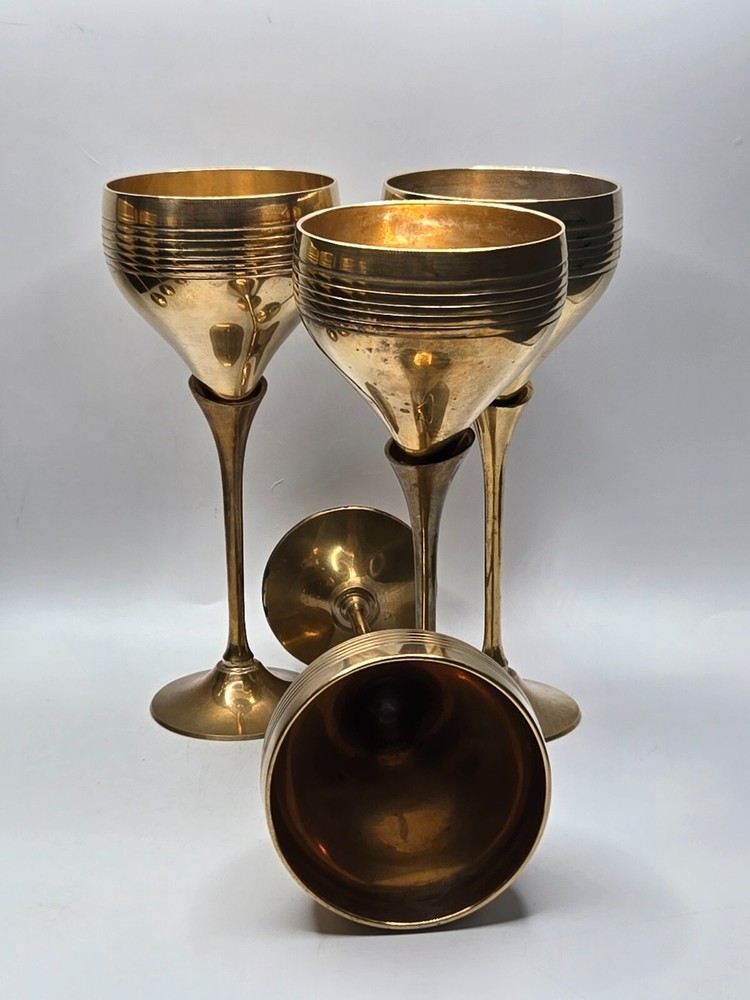 Vintage S/4 Solid Brass Goblets Tulip Stem • 7.5"H • India