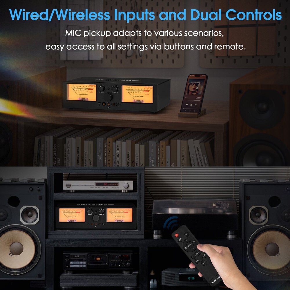 Douk VU3PRO 2-Way Amplifier/Speaker Switcher Box Dual VU Meter w/Remote Control