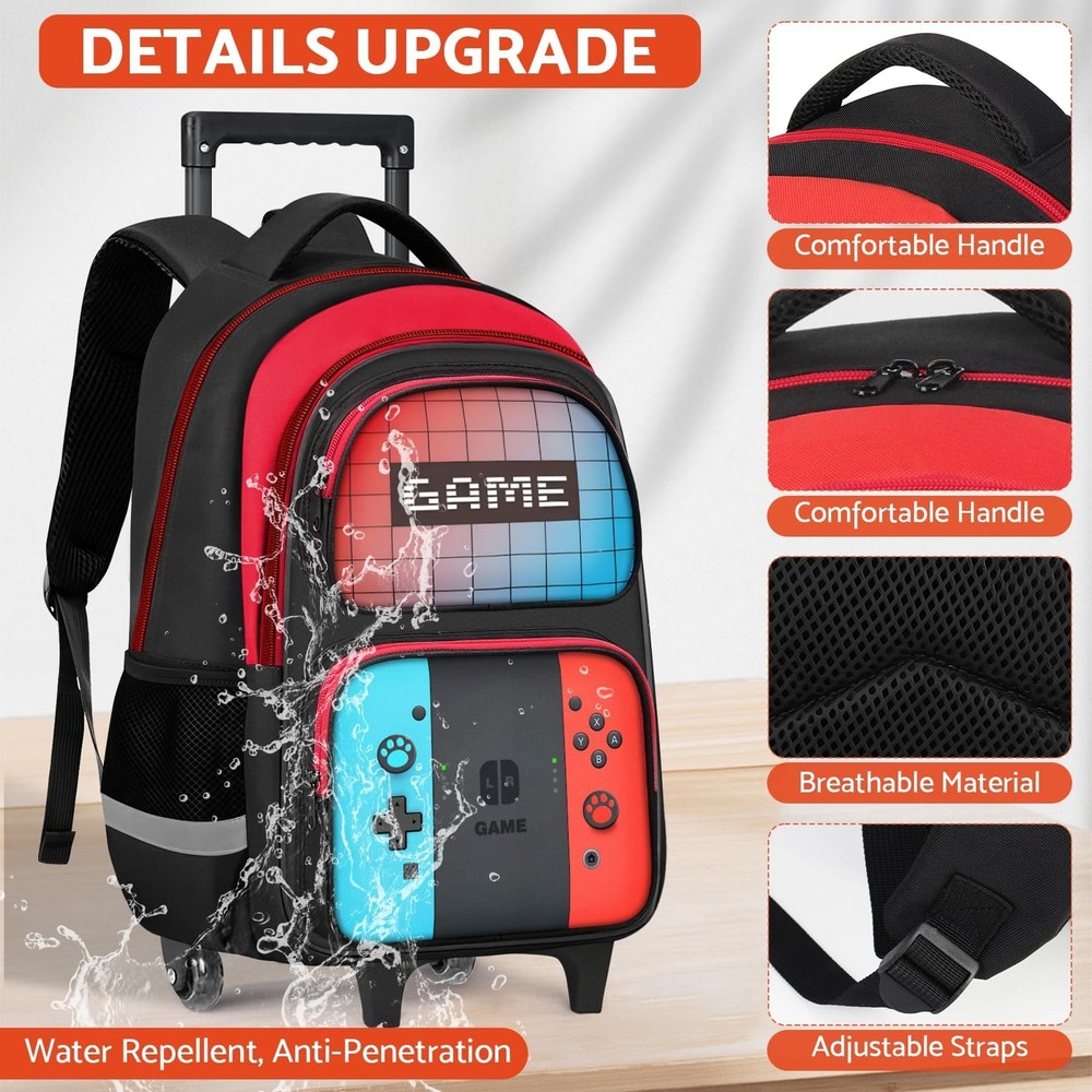 Boys Rolling Backpack for - Gamer Rolling Backpack with Wheels for Elementary...