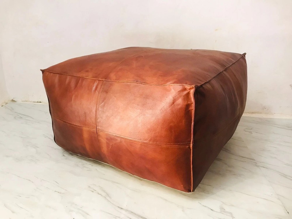 Handcrafted Brown Leather Pouffe Square Ottoman Morrocan 30'' New Unstuffe
