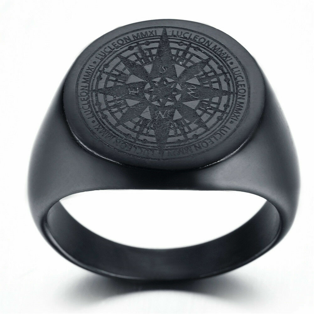 Matte Compass Black Ring - Stainless Steel Black IP Biker Ring
