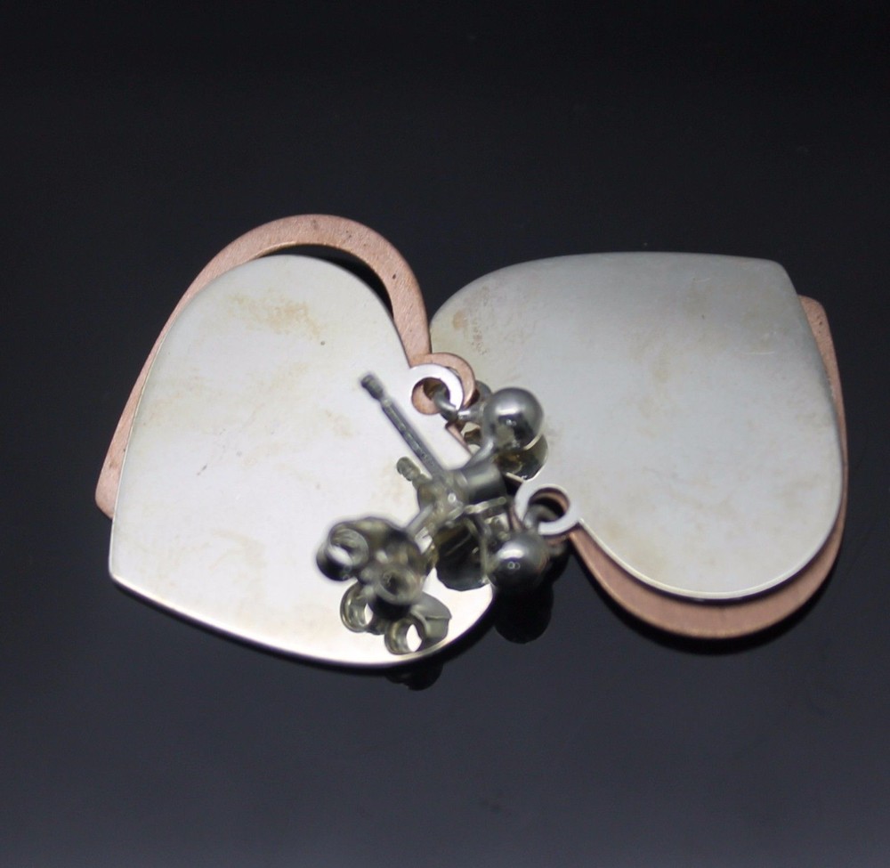 CHARMING SLIDING DANGLE HEART TWO TONE STERLING SILVER POST EARRINGS