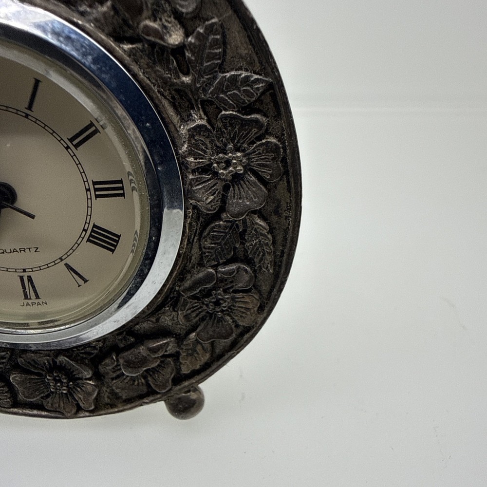 Vintage Silver Plated Silver Scenes Small Clock Inscribed Casing 60mm, 30mm Face