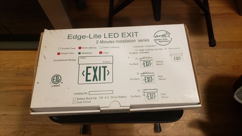 LED Edge Lit Exit Light Sign Battery Backup 3 mounts included - Red