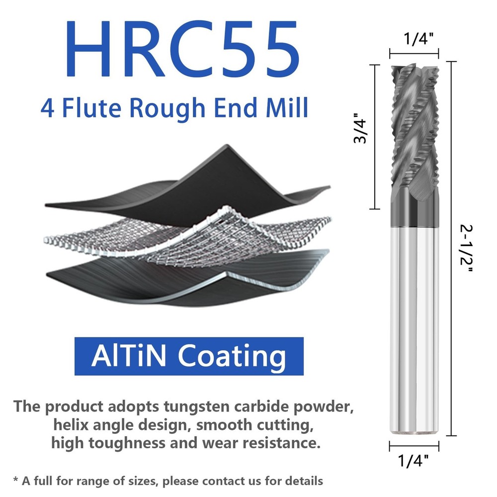 1/4" Solid Carbide Roughing End Mill 4 Flute Square Endmill Set CNC Milling B...