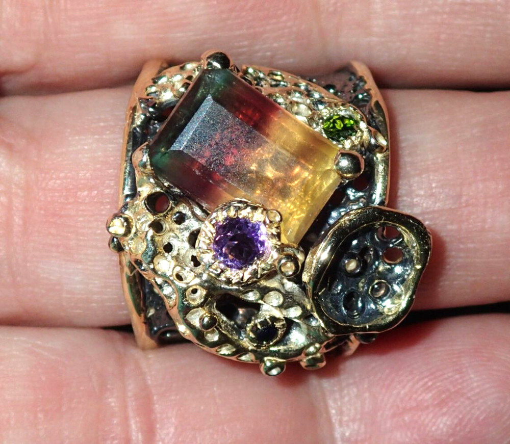 Natural Fluorite, Amethyst and Sapphire Sterling Silver Ring Adjustable Unique !