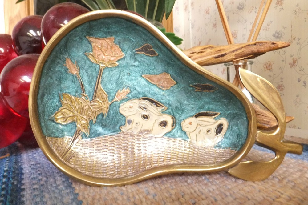Enameled Brass Pear Dish, Rabbits