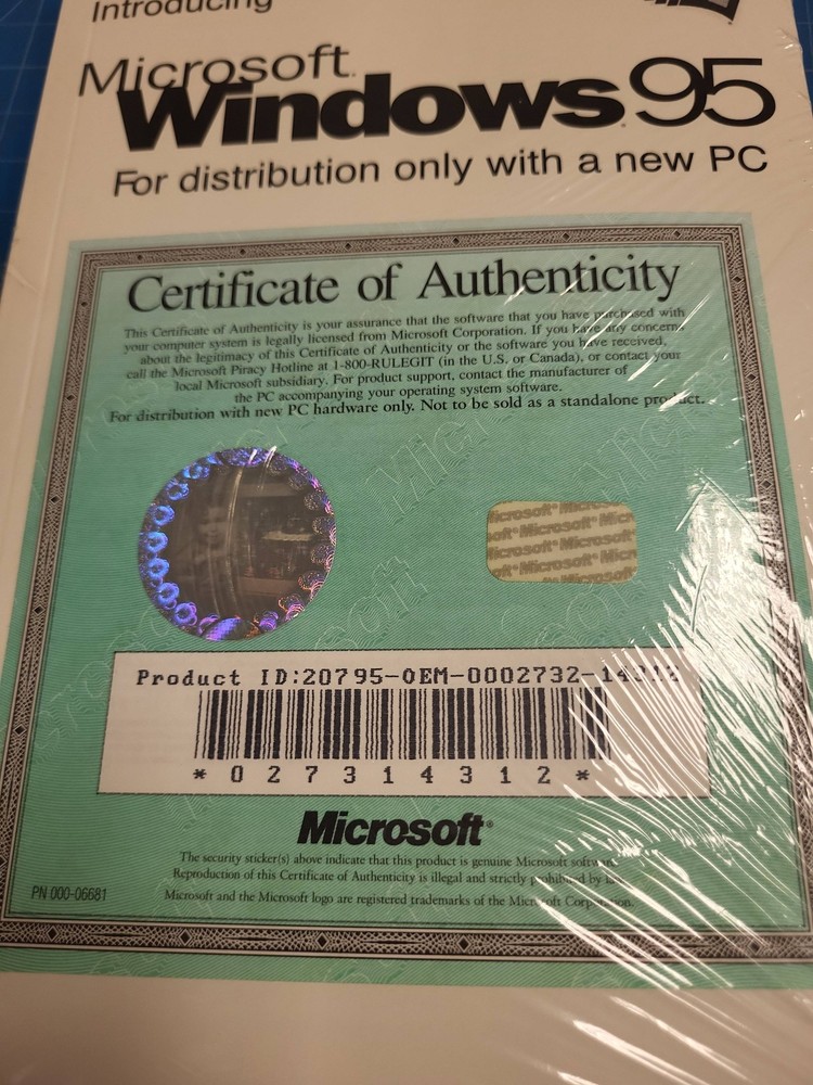 Microsoft Windows 95 Sealed OEM Version PC Install Certificate Authenticity Rare