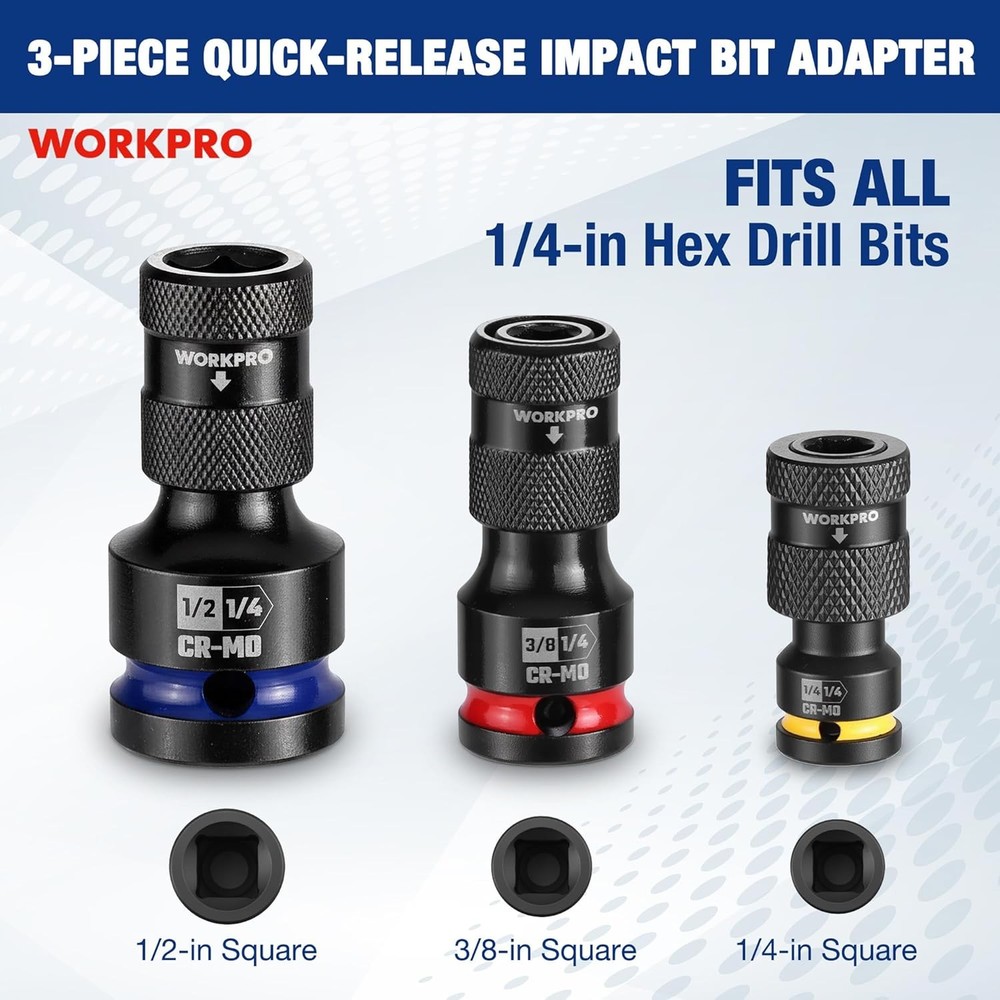 WORKPRO 1/2" 3/8" 1/4inch Quick Release Hex Impact Socket Adapter Bit Holder Set