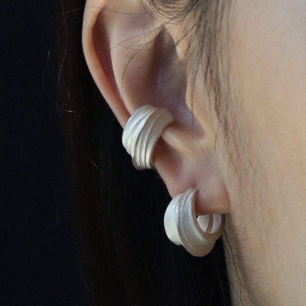 Sculpture Style Matt Silver Hoop Earrings