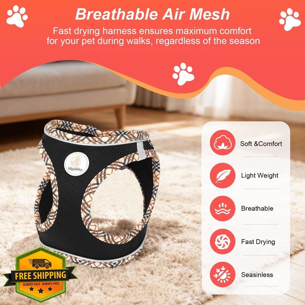 Hipubby Dog Harness Leash Set, Medium No Pull Mesh Vest, Black/Khaki, M
