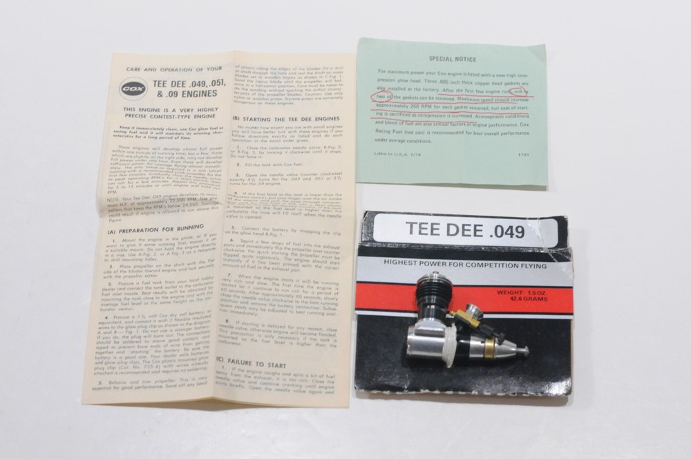COX TEE DEE 0.49 R/C PLANE ENGINE NEW