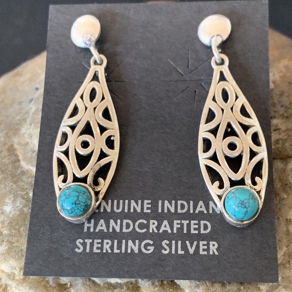 Native Blue Turquoise Navajo Sterling Silver Dangle Post Earrings 1.5" 12759
