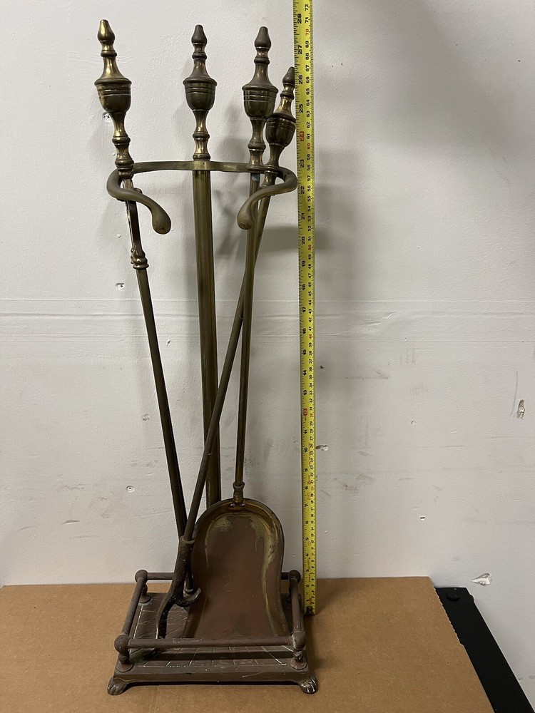 Vintage Solid Brass Fireplace 3 Tools with Stand Set