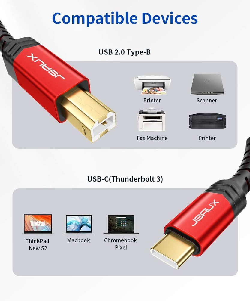 JSAUX USB B to C Cable 10ft, C Printer Compatible Red