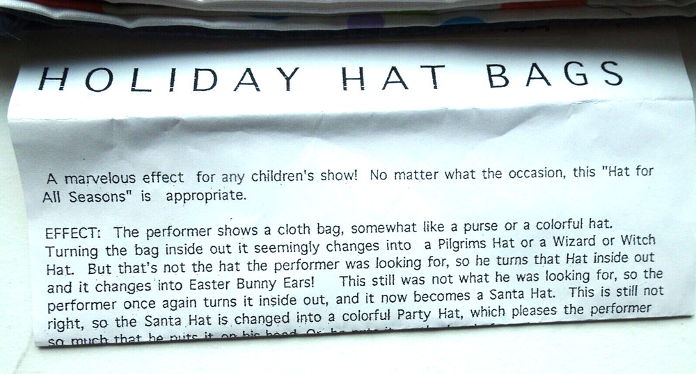 MAGIC - Holiday Hat - Wizard,Witch,Bunny,Santa,Pilgrim W/Inst.