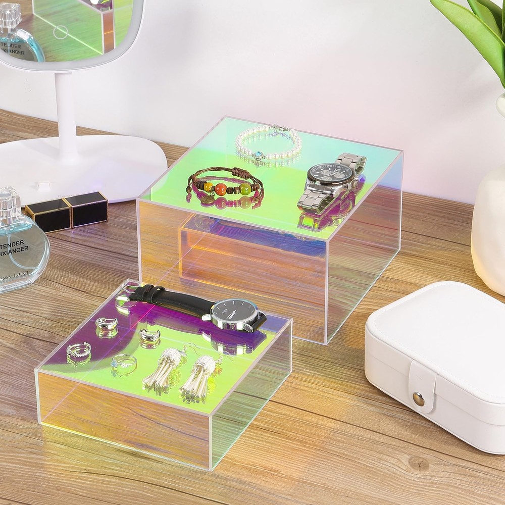 Iridescent Acrylic Cubes Display , 3pcs Stackable Risers Display Stands, Rain...