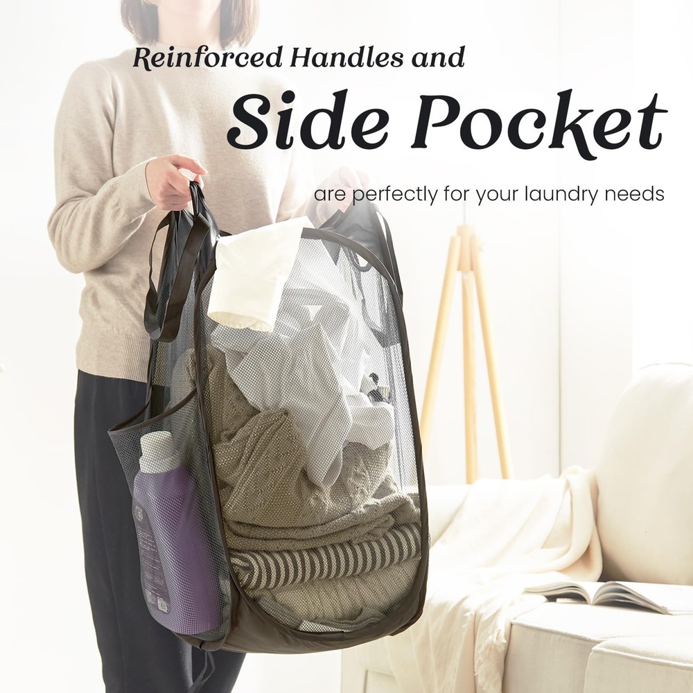 Collapsible Mesh Pop Up Laundry Hamper Sturdy Handles Side Pocket Black
