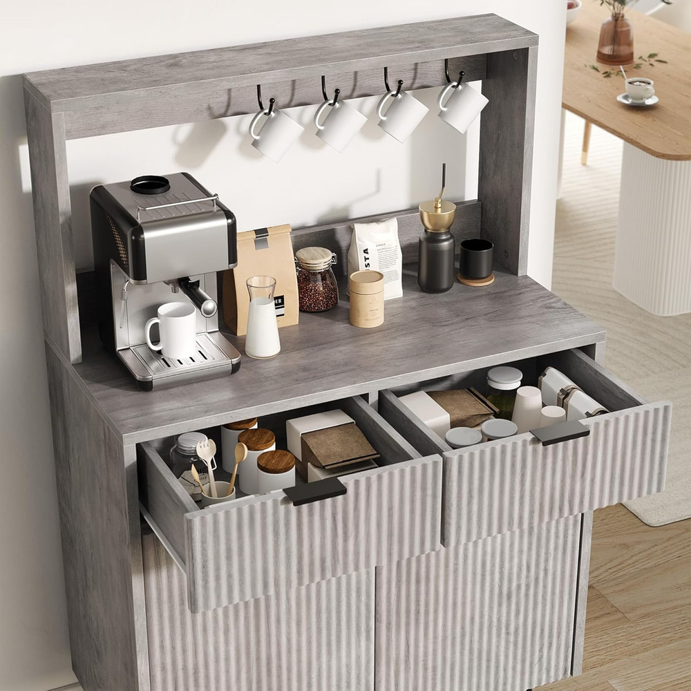Modern Grey Fluted Sideboard Buffet Cabinet with Adjustable Shelves & Drawers