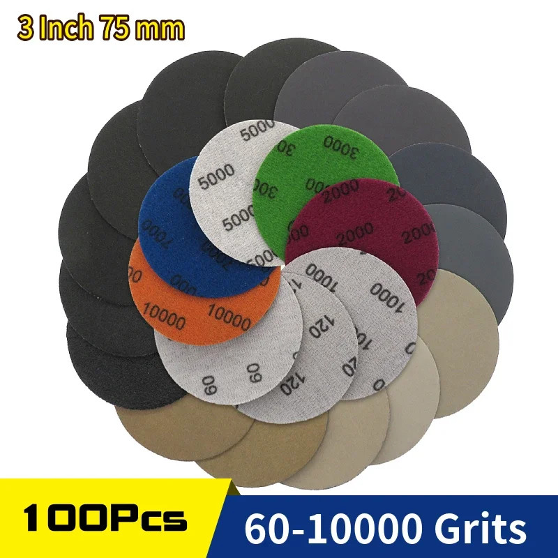 100Pcs 3 Inch 75mm Waterproof Sanding Discs Hook Loop Silicon Carbide Sandpaper