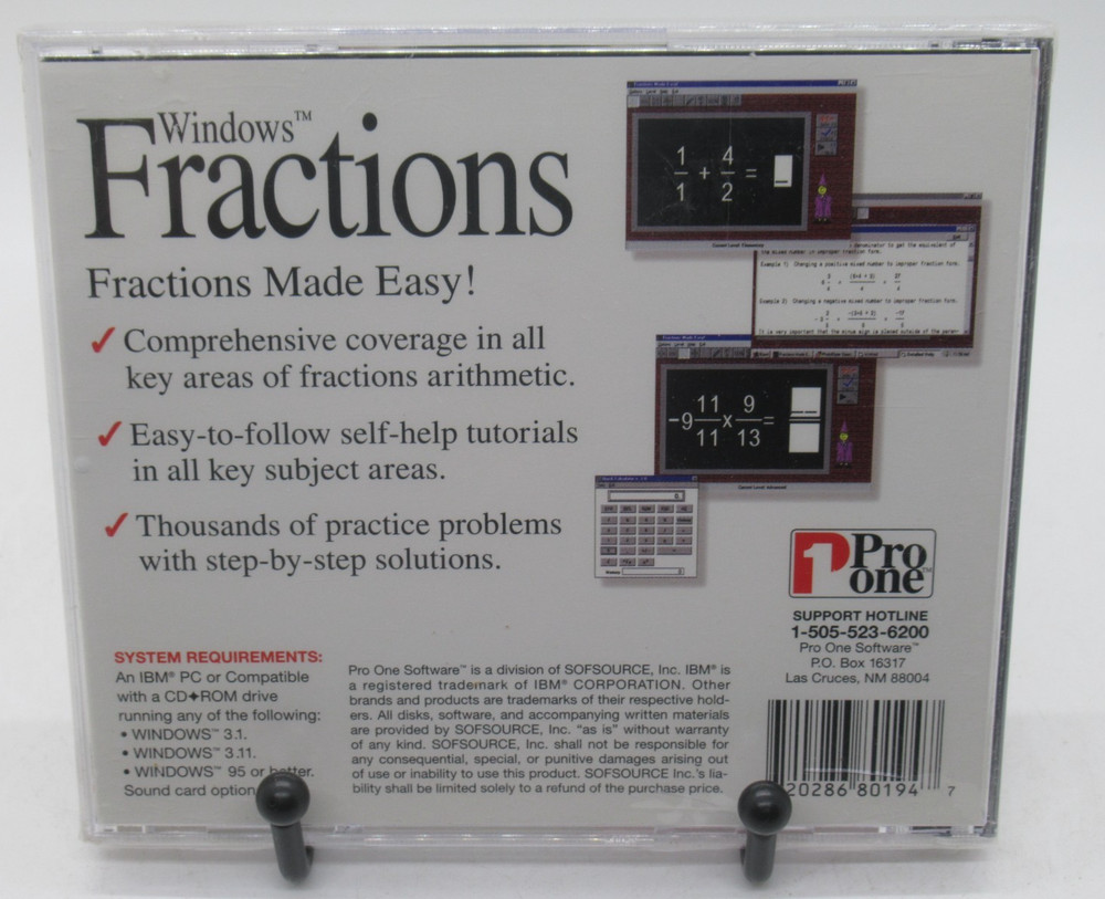 PRO ONE - WINDOWS: FRACTIONS MADE EASY PC CD-ROM SOFTWARE, WINDOWS 3.1/95
