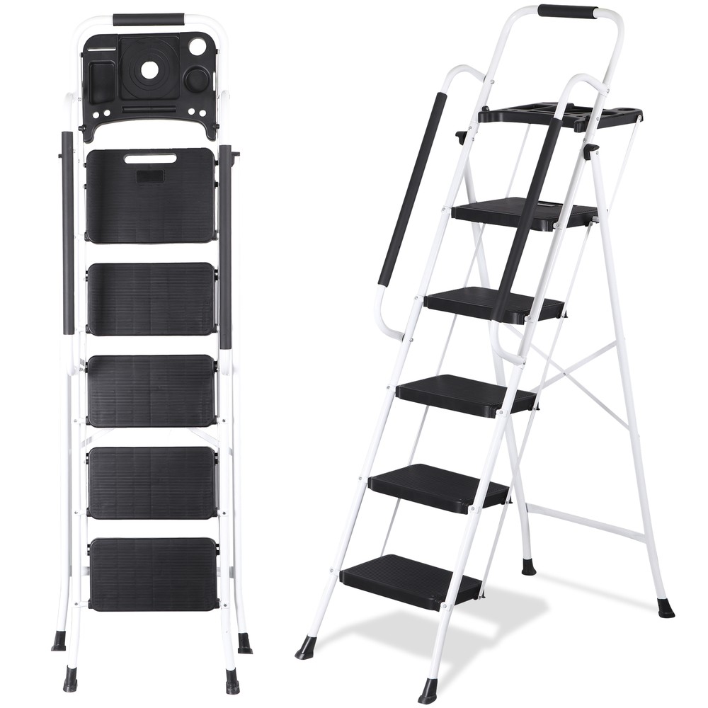 Step Ladder Folding 5-Step Ladder with Tool Platform Step Stool Lightweight