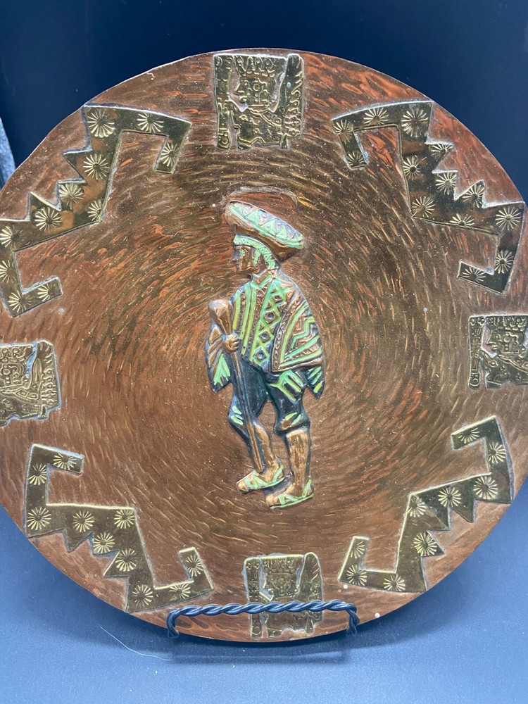 3 Peruvian Artisan Copper Decorated Colored Wall Plates