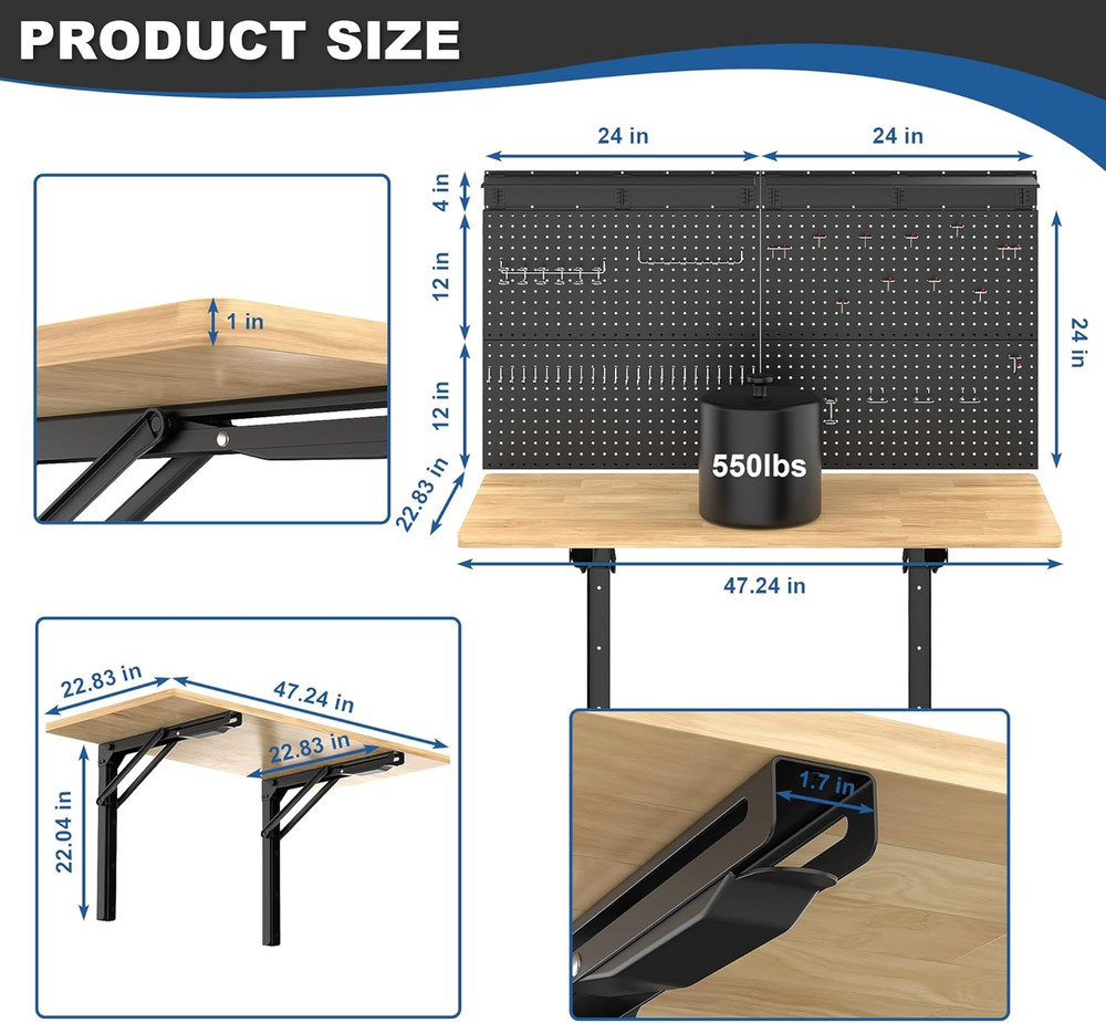 Wall Mounted Workbench with Pegboard, Folding down Work Table Metal Pegboard Wal