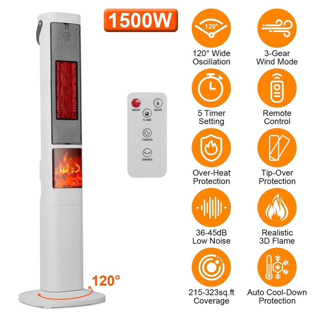 1500W Ceramic Tower Space Heater W/ 3D Flame Remote Control 5 Timer Options