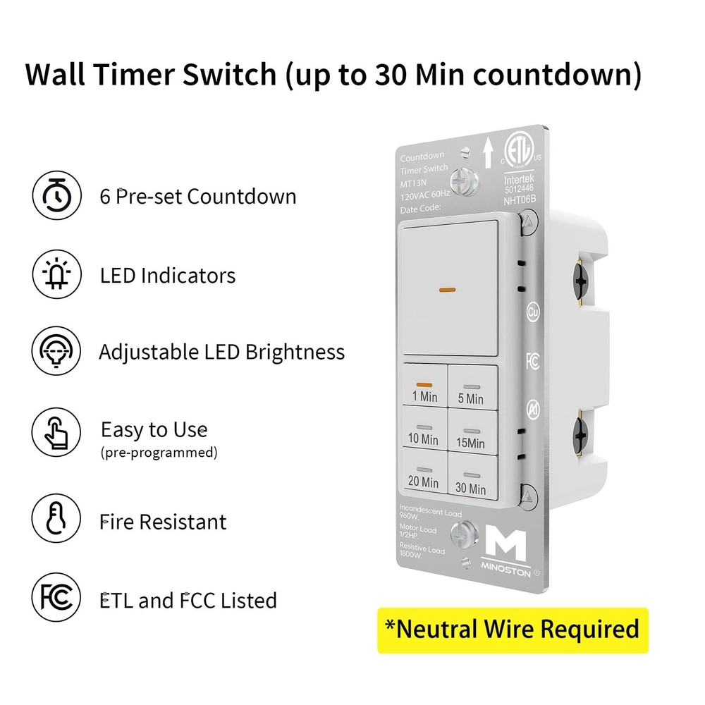 Minoston Countdown Timer Switch with Dimmable Indicator, 30 Min Wall Bath Fan...