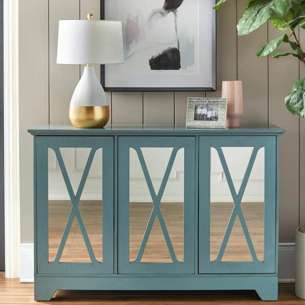 Mirrored Buffet Console Cabinet Storage Center Antique White Distressed Finished