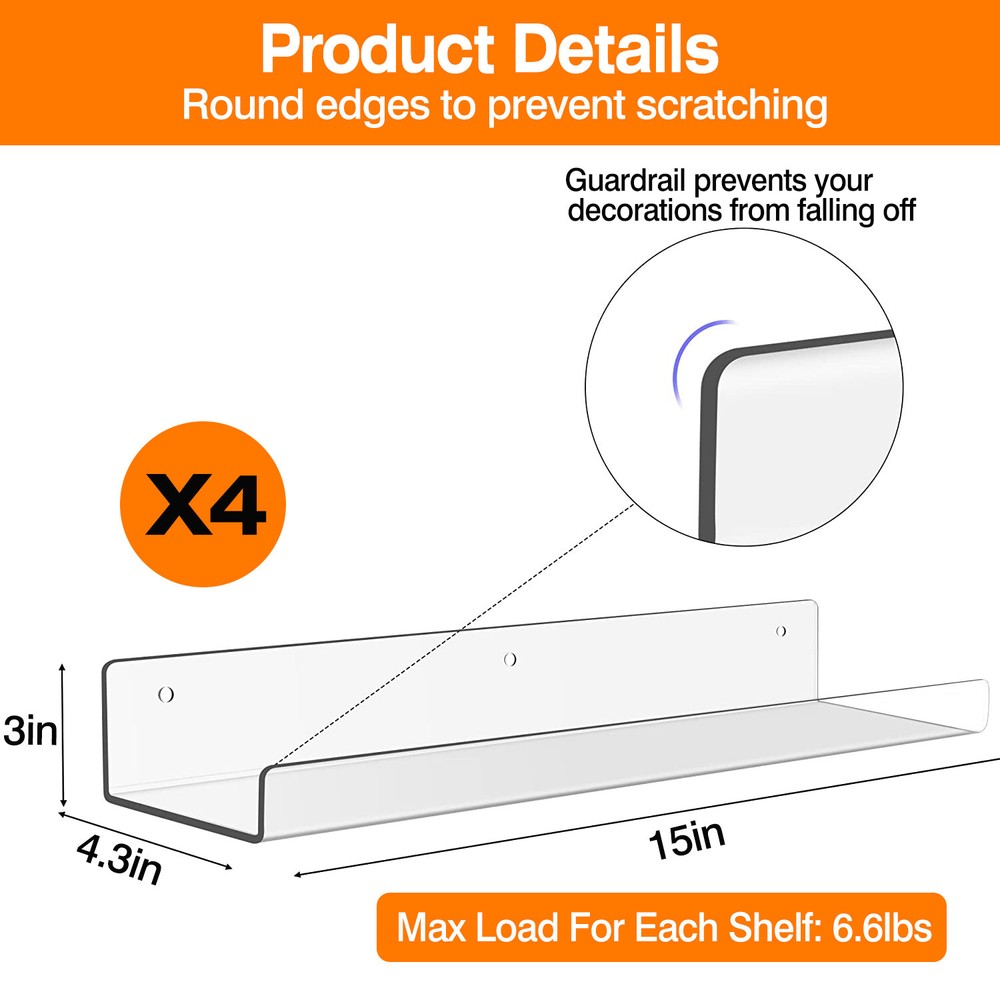 4 Pack 15 Inch Acrylic Invisible Floating Wall Ledge Floating Display Shelves