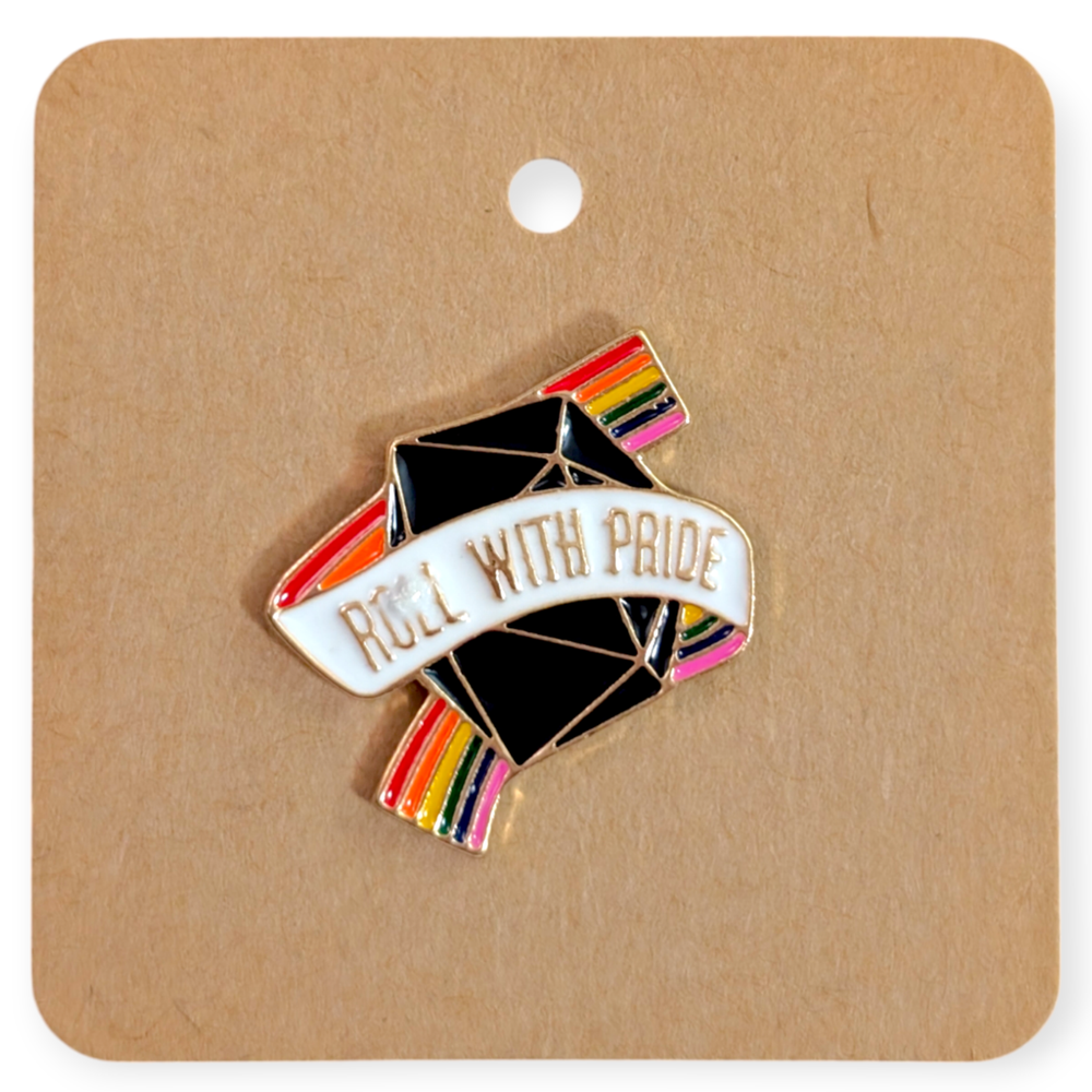 Rainbow Pride Enamel Pin: Roll with Pride D20 Di, Dice