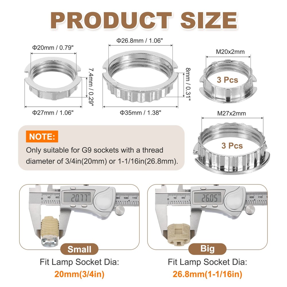 3Set G9 Light Socket Ring Metal for 1-1/16in & 3/4in Thread Diameter G9 Socket