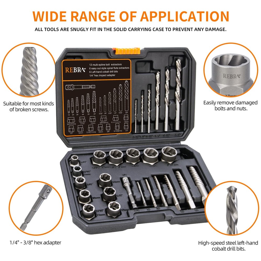 REBRA Screw Extractor and Left-Hand Drill Bit Set, Easy Out Broken One Size