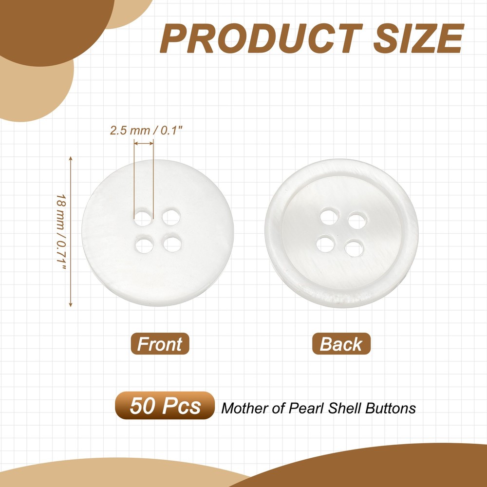 Natural Shell Button 4 Hole Shell Round Sewing Buttons 18 mm & 50 Pack & White