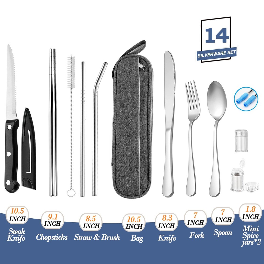 Silver Reusable Travel Utensils Silverware Set with Case Chopsticks Straw