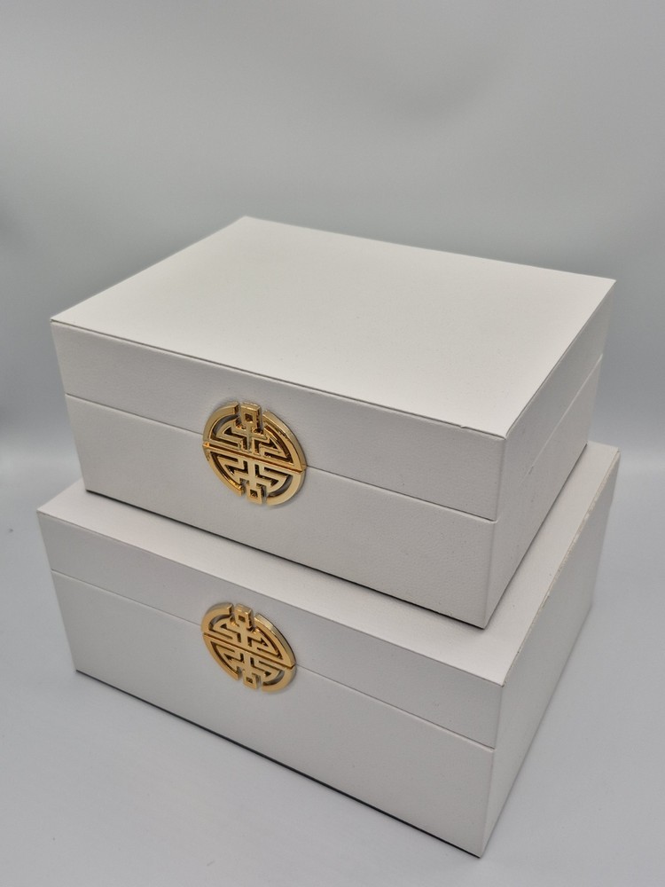 Set of 2 White Rectangular Decorative Boxes with gold accent