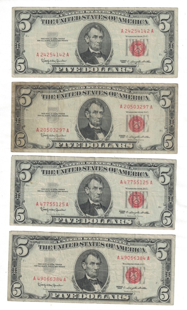 1963 $5 FIVE DOLLARS RED SEAL FR-1536
