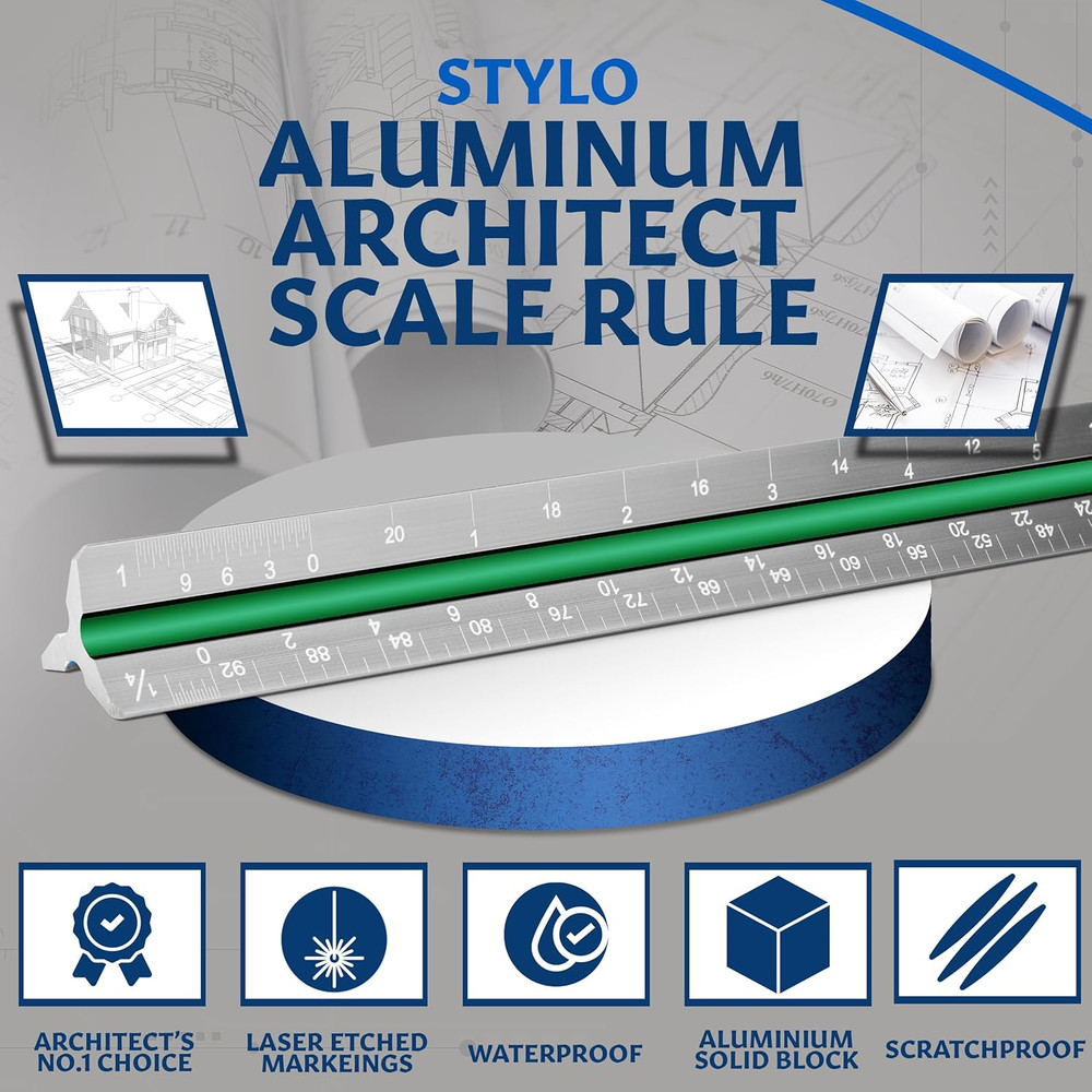 12" Aluminum Architect Scale Ruler Laser Etched Triangle Drafting Ruler, Colo...