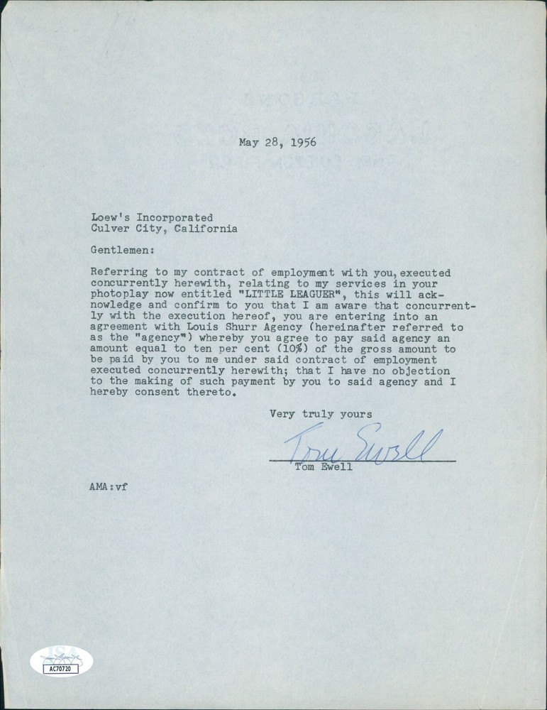 Tom Ewell Actor Signed 8.5x11 Typed Letter JSA Authenticated