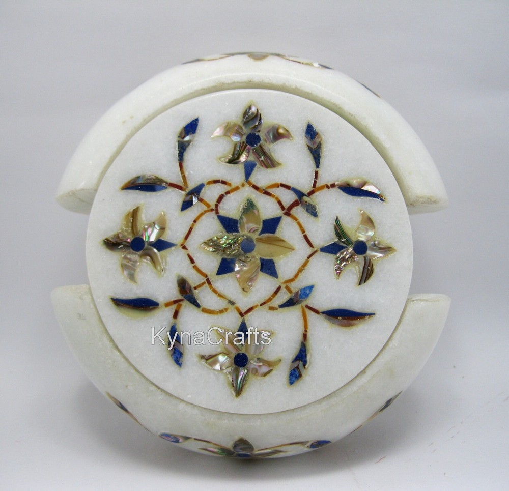 4.5 Inches White Marble Giftable Coaster Set Gemstone Inlay Work Tea Coaster Set