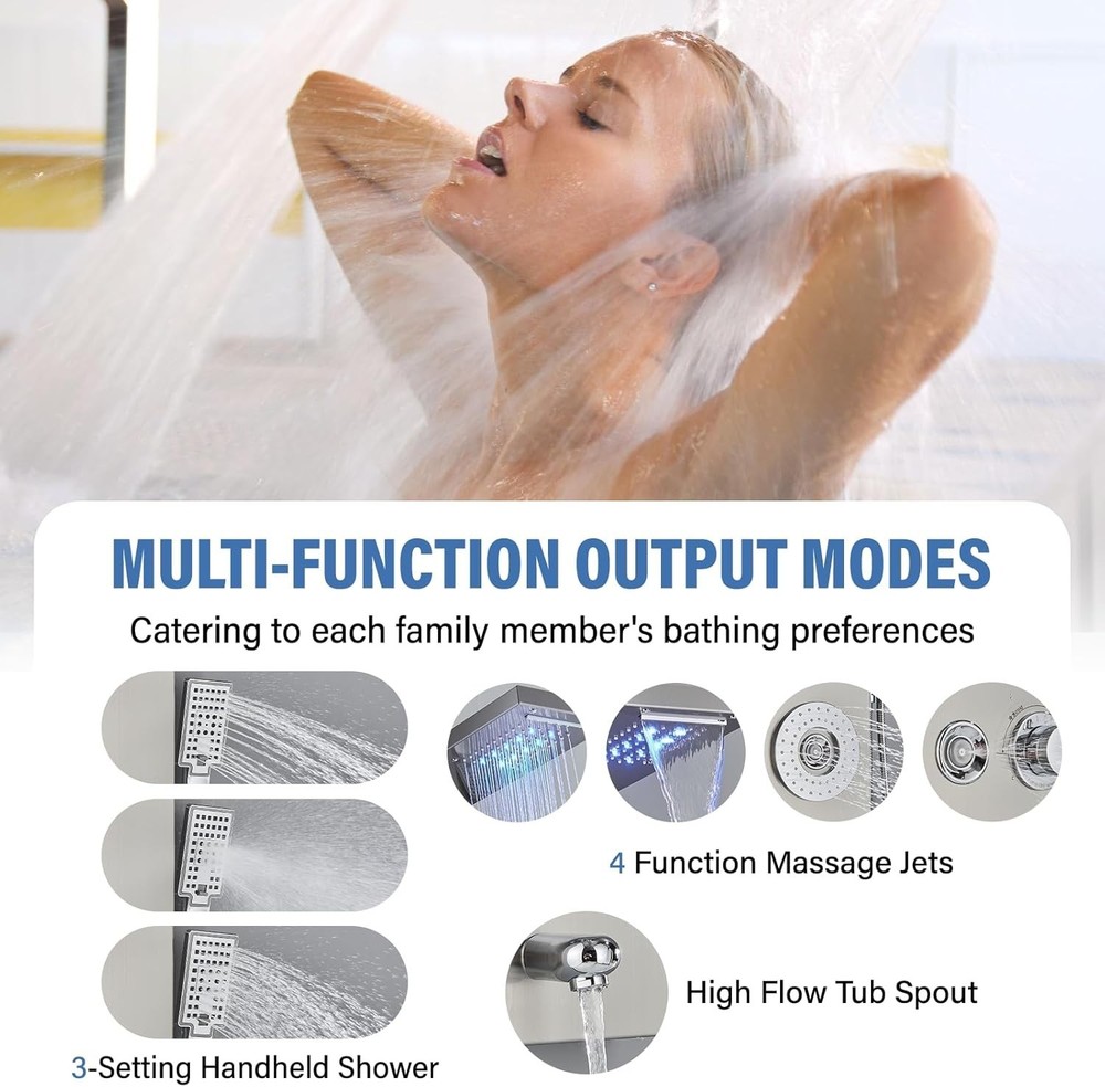 Stainless Steel 6-Function Shower Tower with Handheld & Temperature Display
