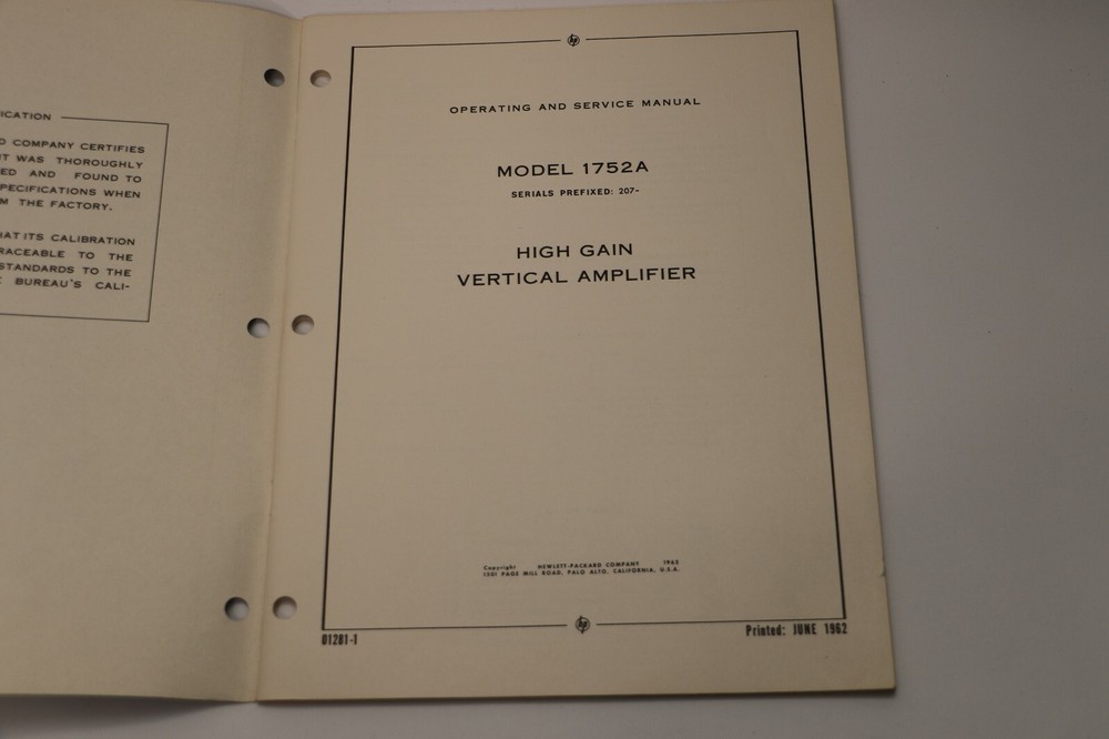 HP 1752A High Gain Vertical Amplifier OPERATING & SERVICE MANUAL