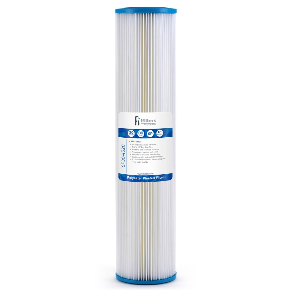 Sediment Pleated Water Filter City or Well Water, Washable 4.5" x 20", 30 Micron