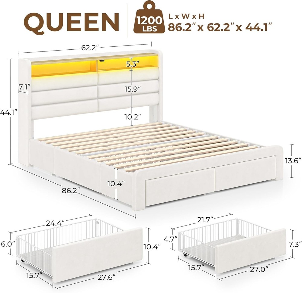 Queen Size Bed Frame with 4 Storage Drawers & LED Lights