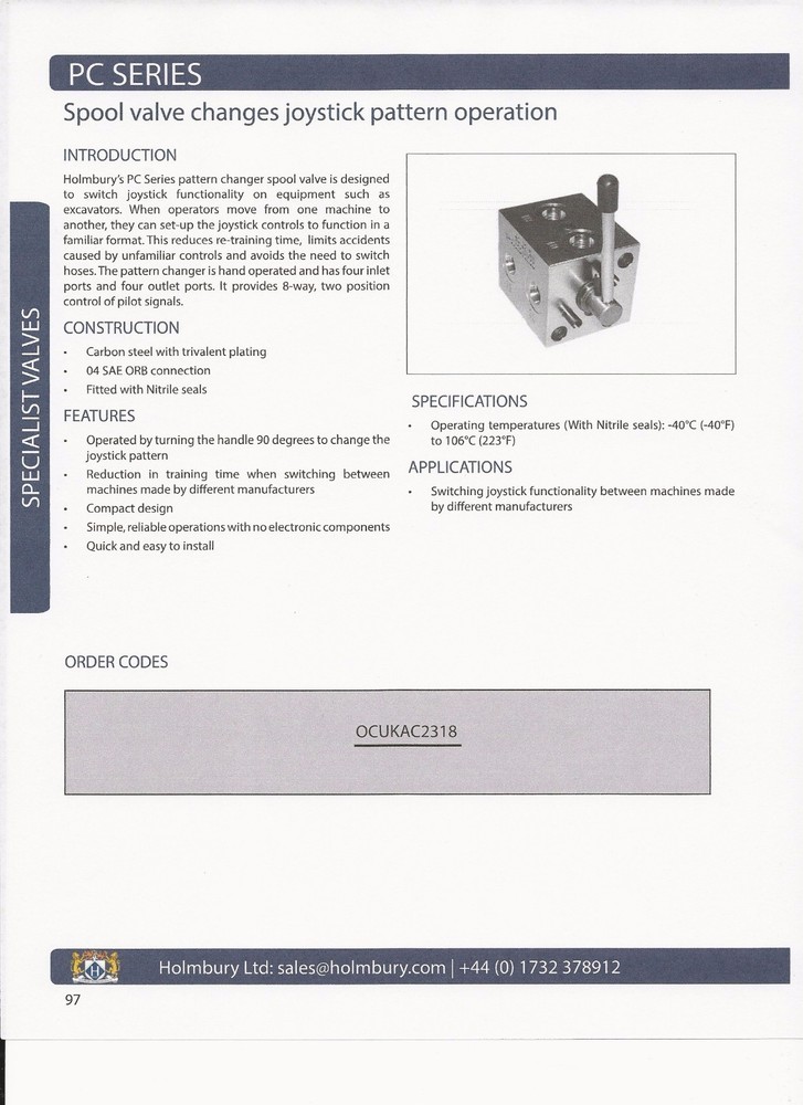 OCUKAC2318 HYDRAULIC PATTERN CHANGER SAE CONTROLS TO JOHN DEERE EXCAVATOR 
