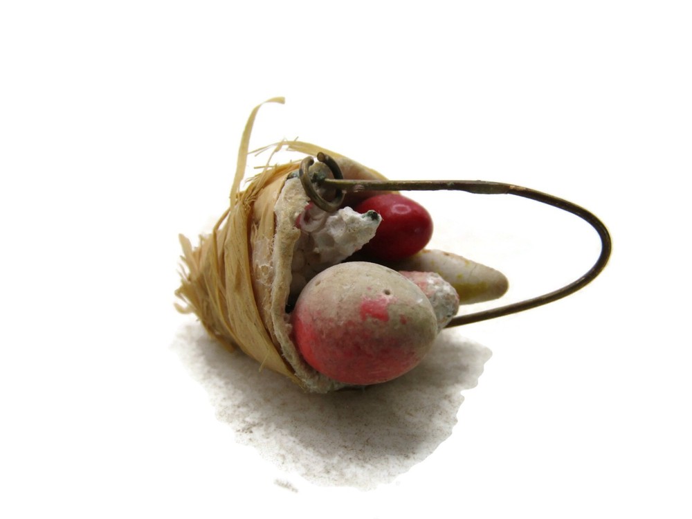 Vintage Miniature Easter Egg Basket Charm Woven Raffia Cornucopia Folk Art