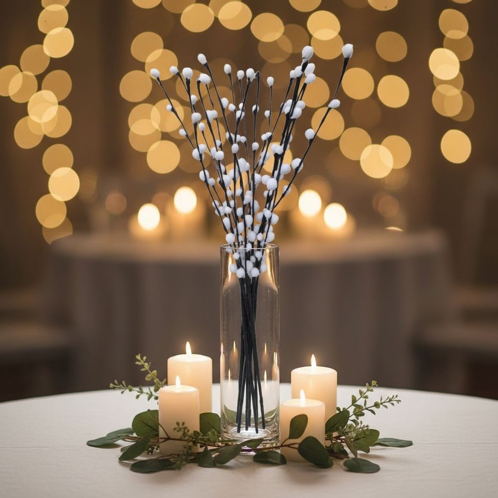 Artificial Pussy Willow Stems Black White Faux Branch Bundle Rustic Decor