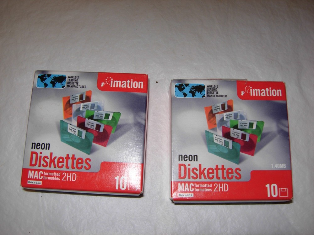 2 Boxes imation neon Diskettes MAC formatted 2 HD 1.40MB - 1 open, 1 closed box